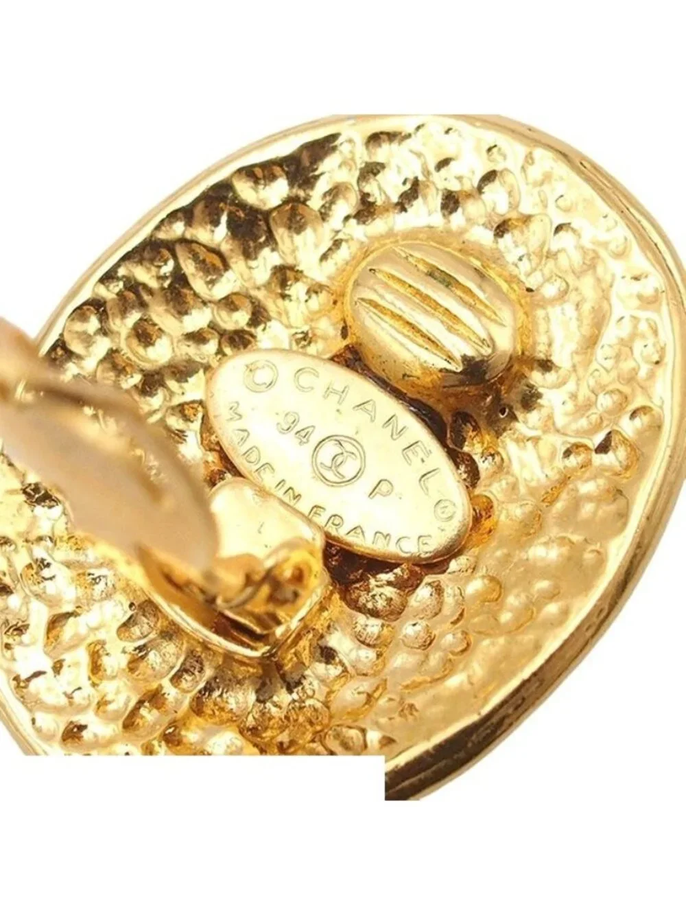Chanel Earrings Gold Metal Oval CC Logo Vintage
